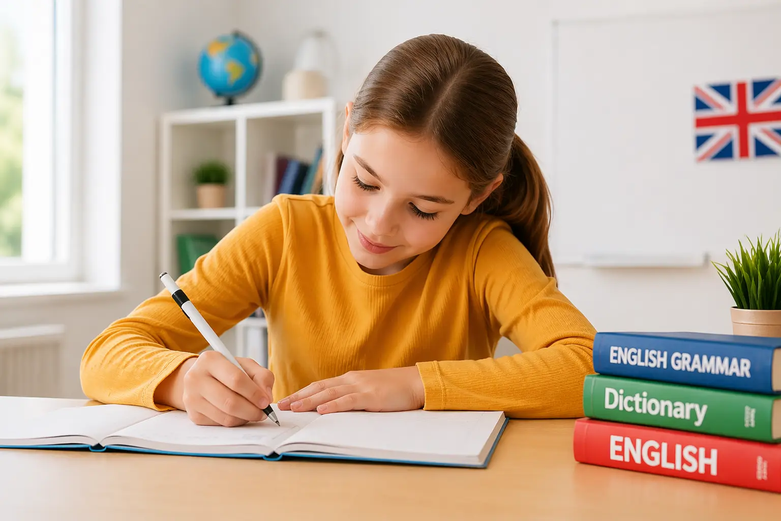 djevojcica-uci-engleski-pisanje-biljeznica Djevojčica piše u bilježnicu i uči engleski jezik za stolom